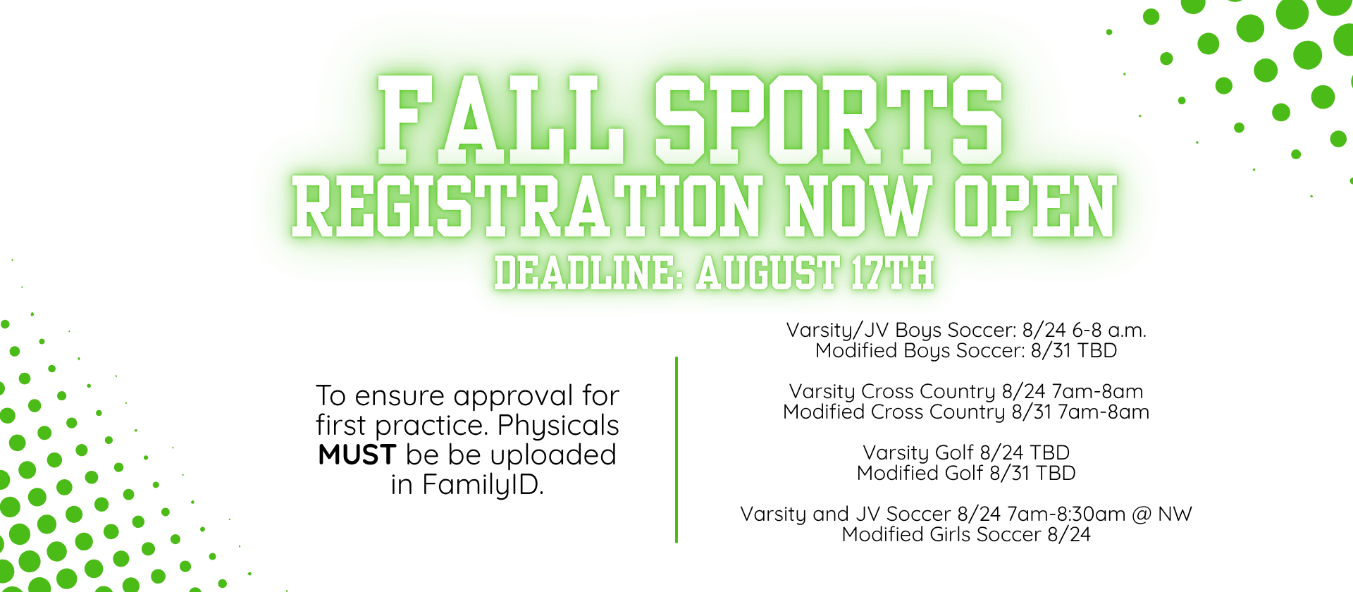 Fall Sports Registration Deadline August 17th 2026