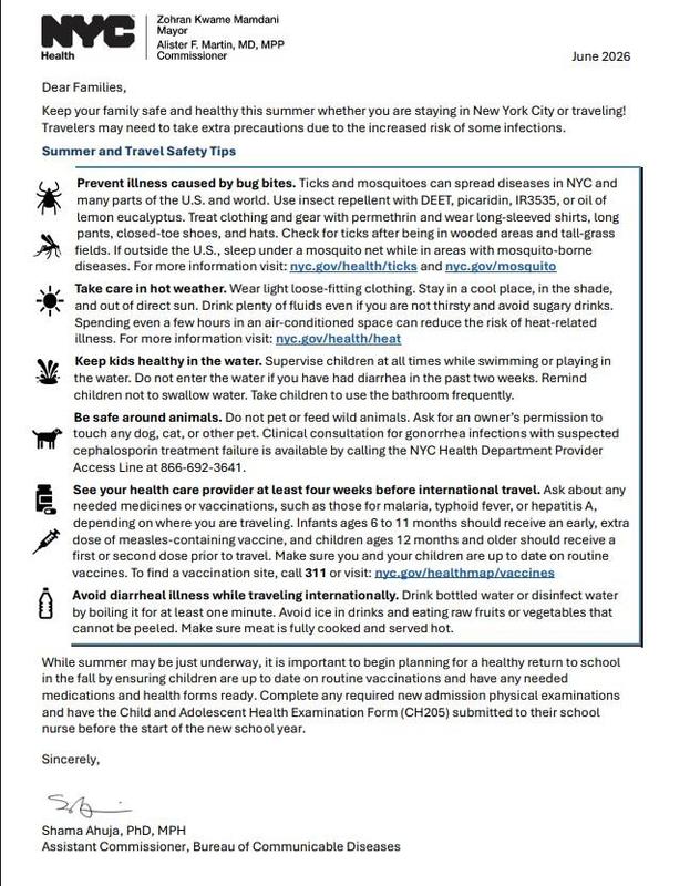 A letter with health advice for families traveling in New York City.