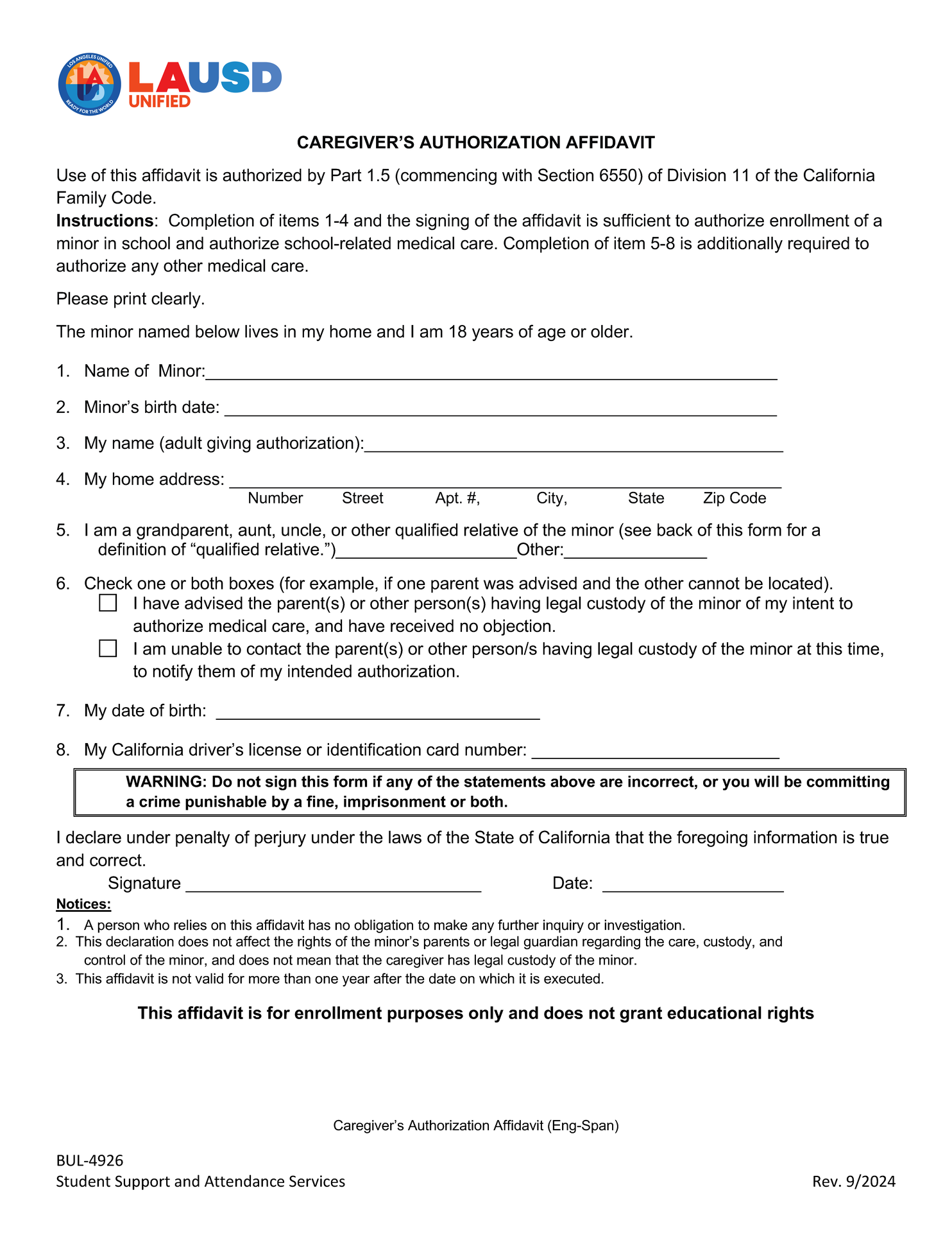 Caregiver's Authorization Affidavit