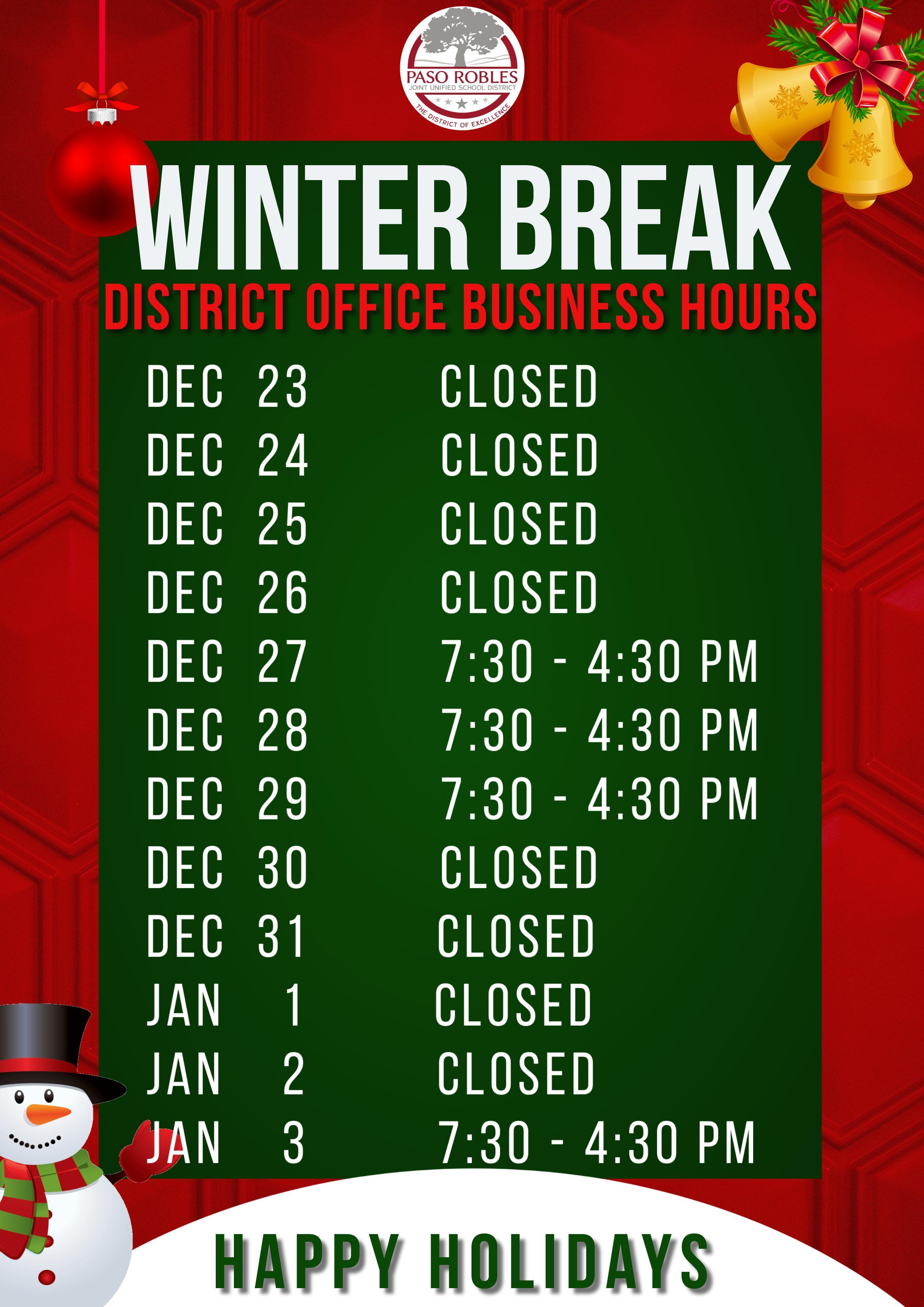 Winter Holiday District Office Hours Paso Robles Joint Unified School