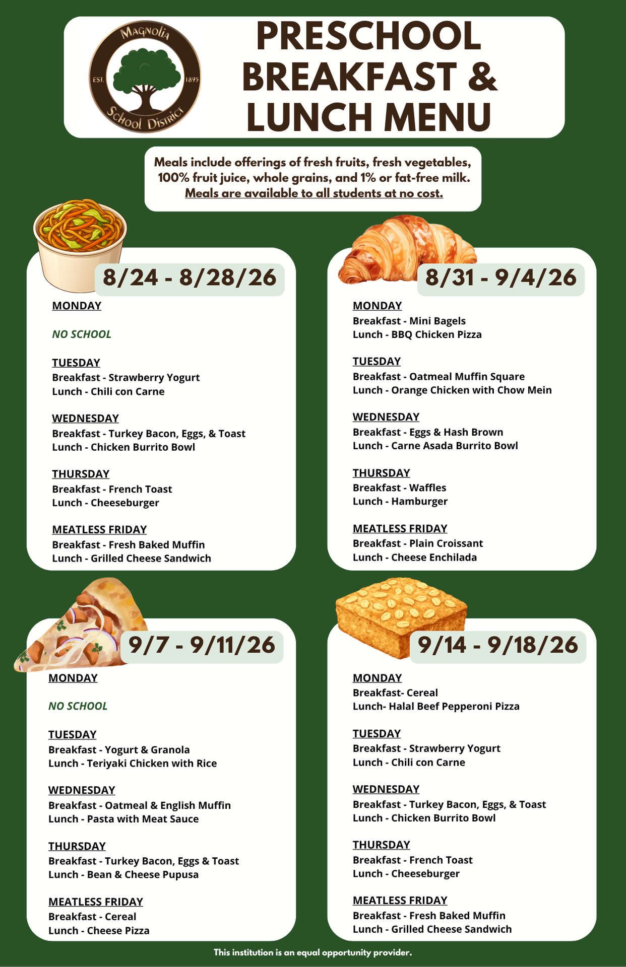 Preschool Breakfast and Lunch Menu AUG-SEPT 2026