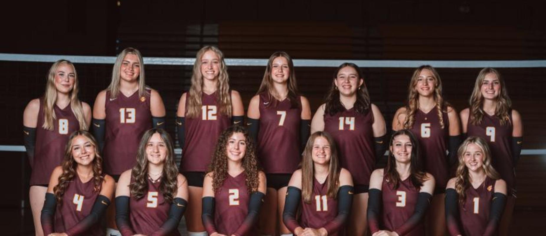 A volleyball team of 14 players posing in matching maroon uniforms on a court.