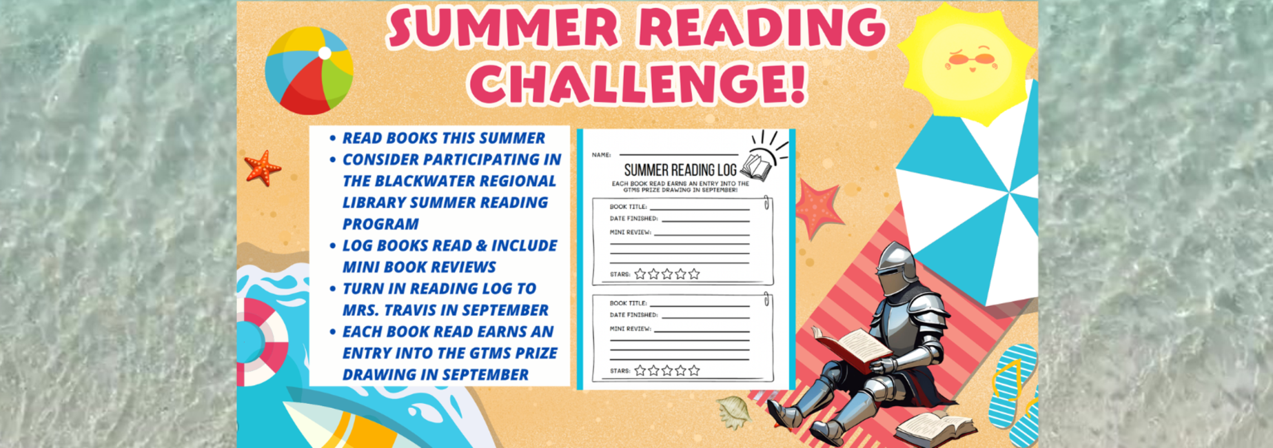 Colorful summer reading challenge poster with text and graphics on a sandy background.