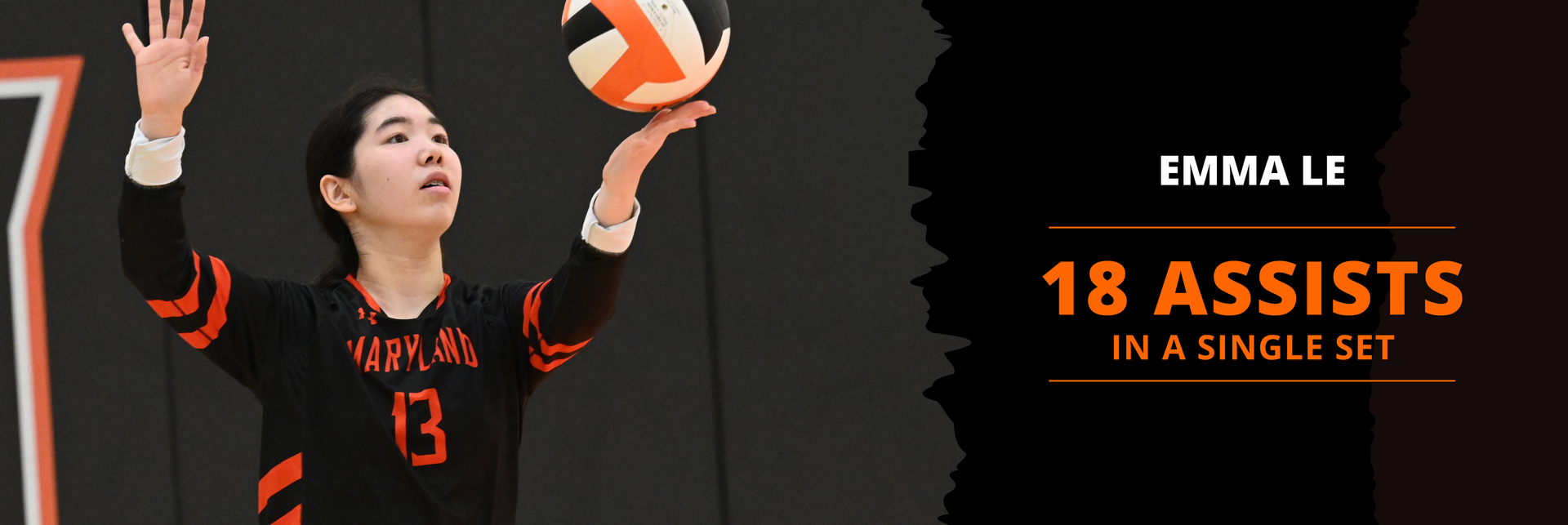 Emma Le prepares to serve the ball in a volleyball match, with text on the graphic reading “Emma Le – 18 assists in a single set.