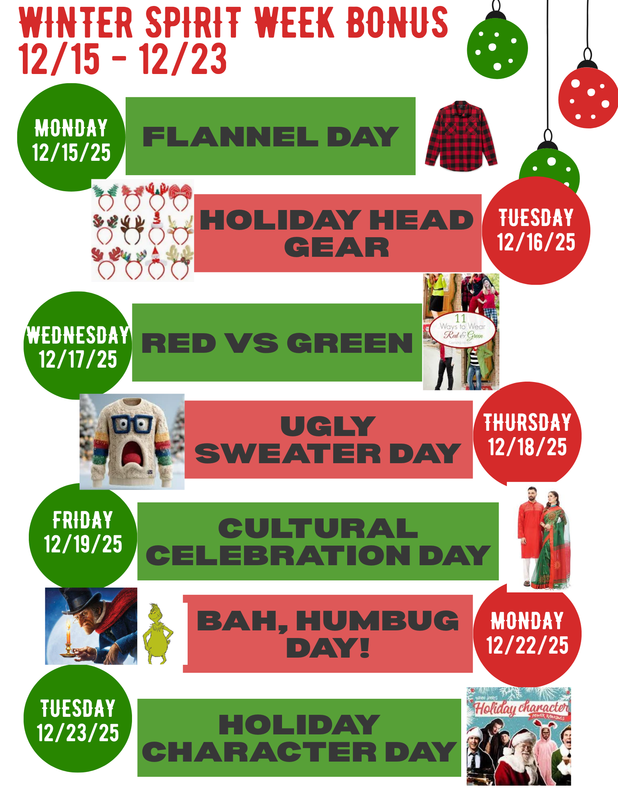 a flyer for the school spirit week winter 2025