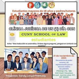 An event flyer promoting a legal clinic for students and guardians.  - Spanish