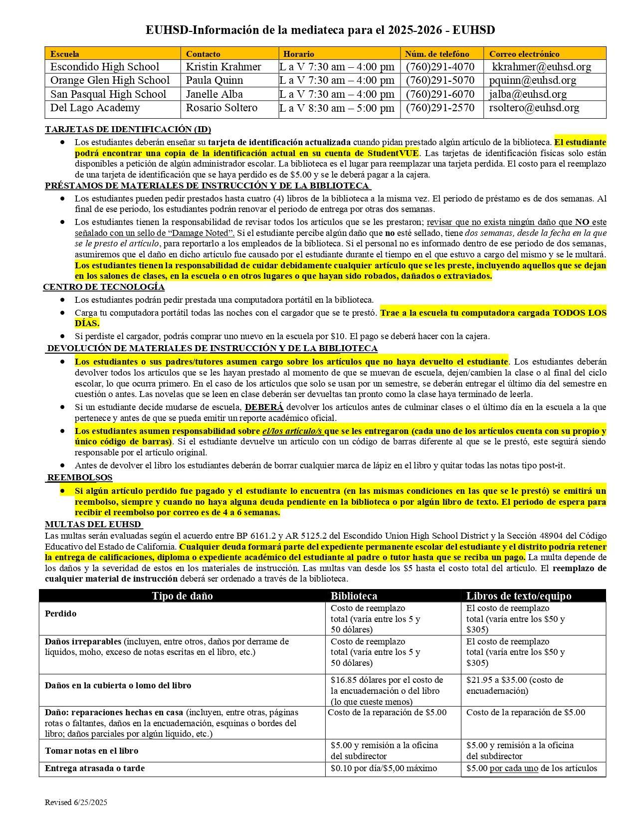 2025-2026 Library Handbook Spanish