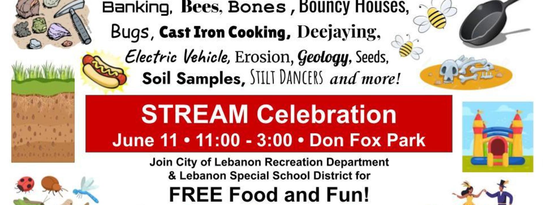 Event flyer for a STREAM Celebration with educational activities and food