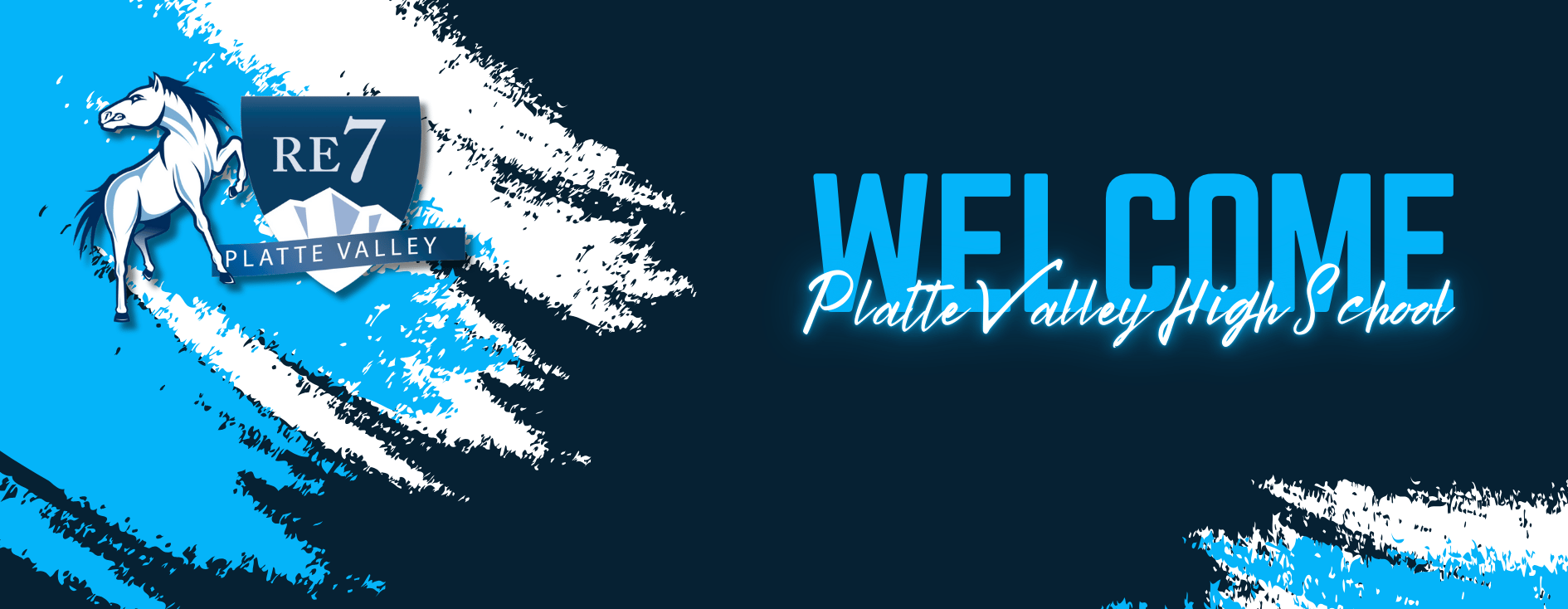 Welcoming banner for Platte Valley High School featuring logo and blue brush strokes.