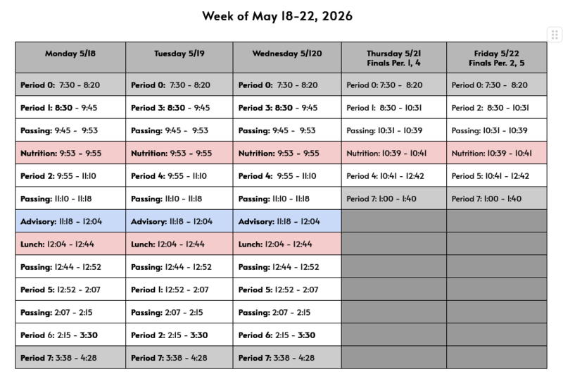 Bell Schedule for May 18th - 22nd