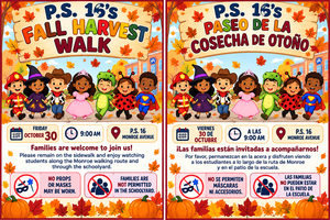 Spanish and English information about families visiting for the fall harvest walk