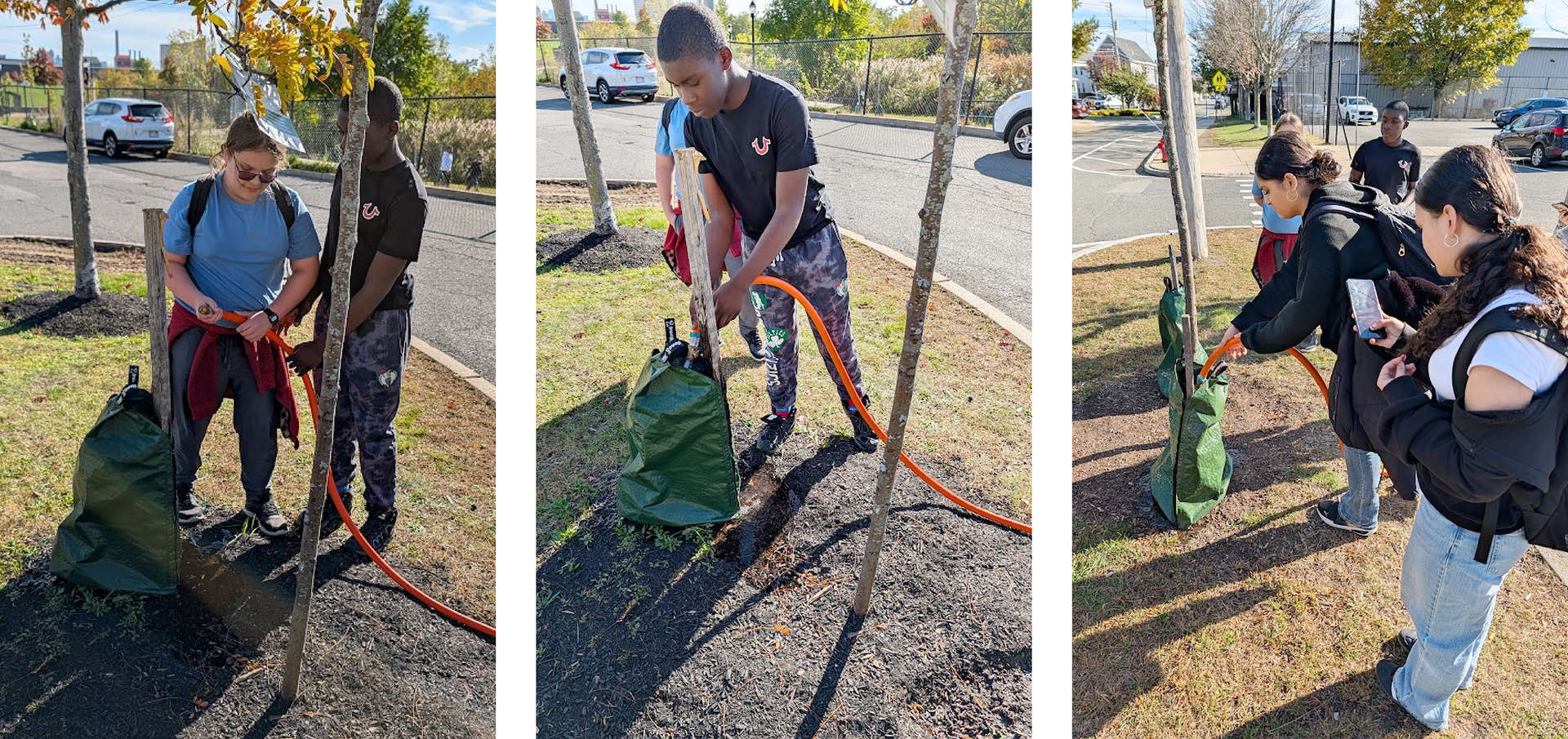 Teenagers working together outdoors with equipment and discussing a project.