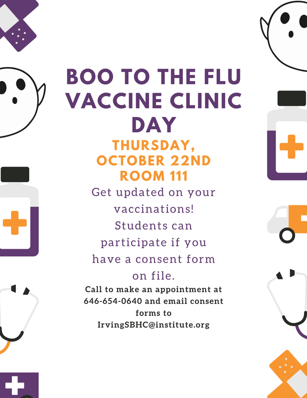 Event flyer for a flu vaccine clinic displaying colorful designs and informative text.