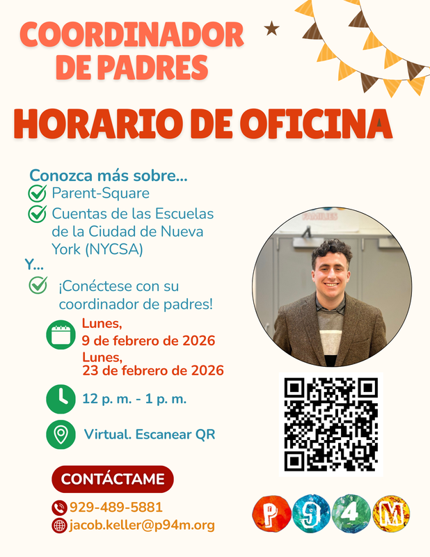 Flyer for a Parent Coordinator office Hours with QR to sign up - Spanish
