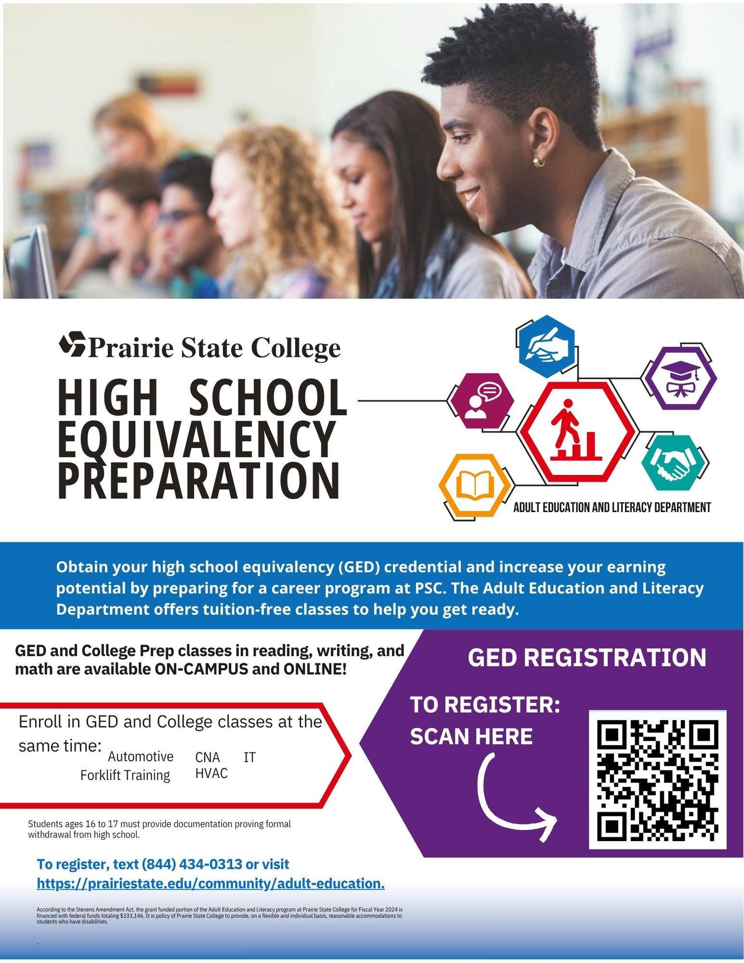 flyer from Prairie State College about GED classes