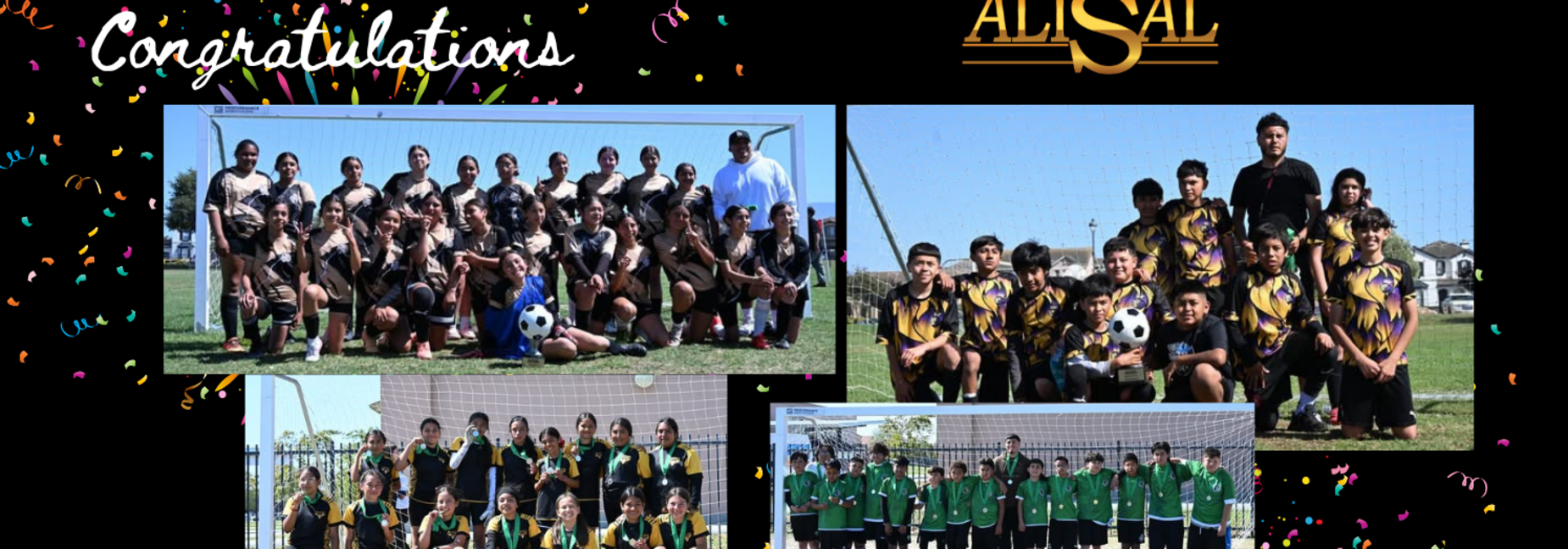 Collage with four soccer teams which are the champions of the 2025-26 school year