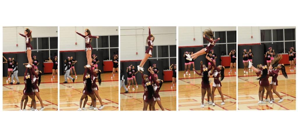 series of 5 photos shows cheerleaders dismantling human pyramid
