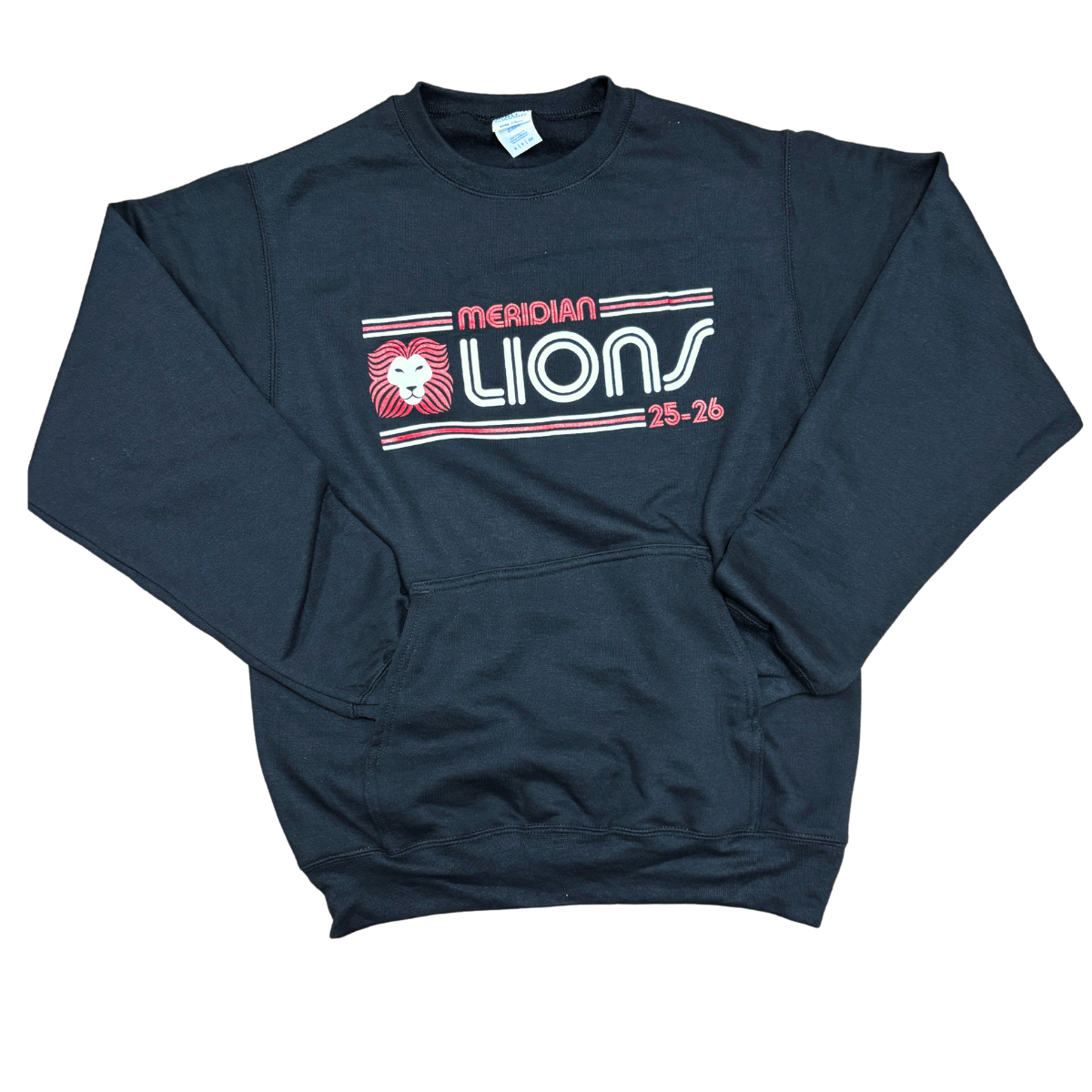 Black sweatshirt, kangaroo pocket, with "LIONS" on front