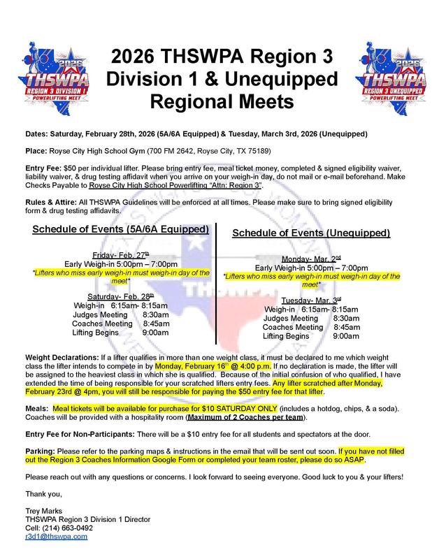 THSWPA Region 3 Unequipped Meet Information