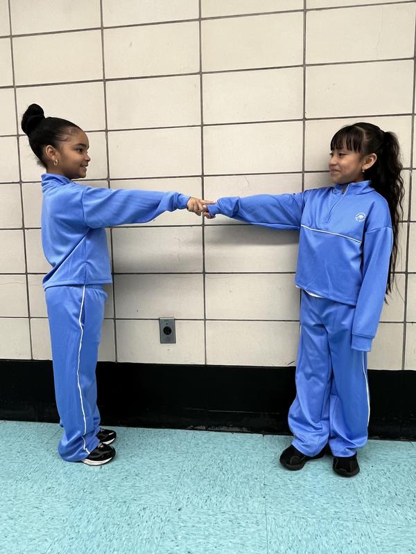 Twins wearing matching blue sweatsuits