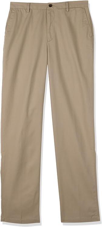Beige straight-leg pants with pockets.