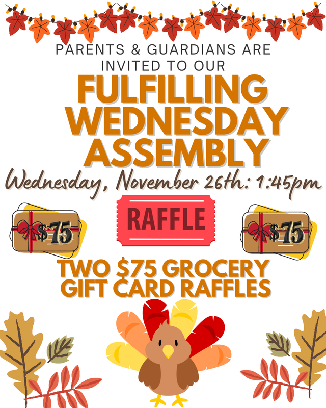 turkey decorations on flyer for school assembly on November 26th