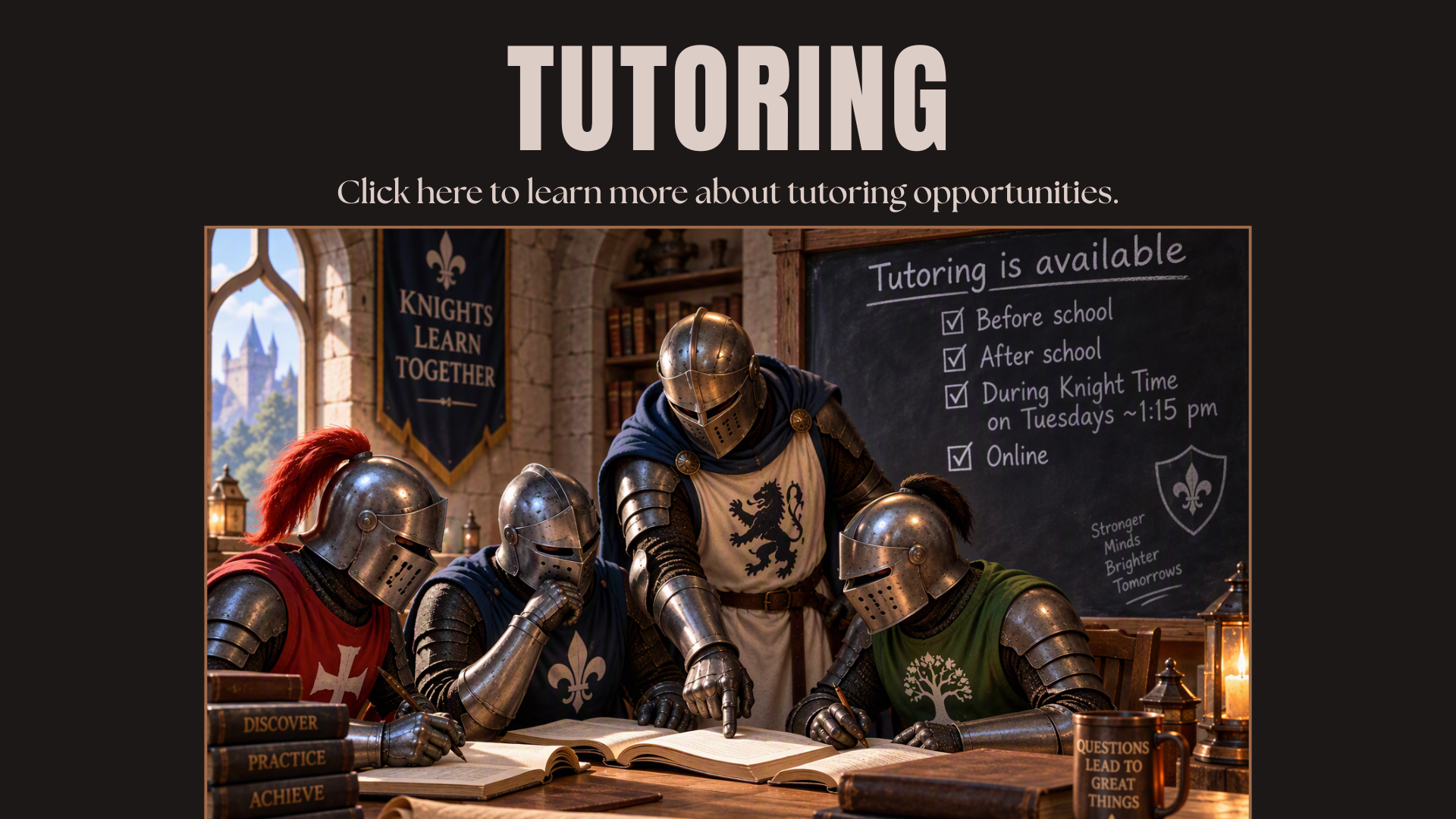Four armored knights gathered around a table with tutoring information.