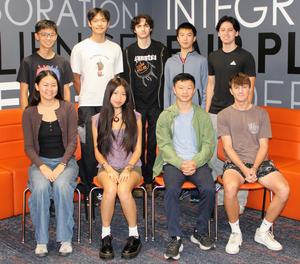 Newly named 2027 National Merit Semifinalists, front row (left to right): Abigail Kim, Claire Jin, Fredrik Wong, Will Schwartz; back row (left to right) includes Tianhan Huang, Luke Liu, Conor Kelly Gerakos, Jerry Zhang, and Finnian Harrington. (Photo Courtesy of South Pasadena Unified School District)