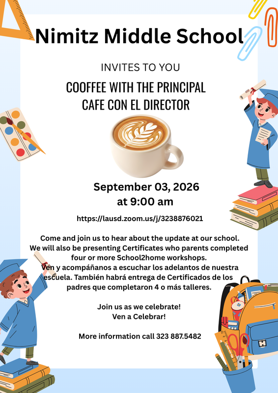 Coffee with the Principal/Cafe con el Director - 9/3 @ 9AM (Parent Center & Zoom) Featured Photo
