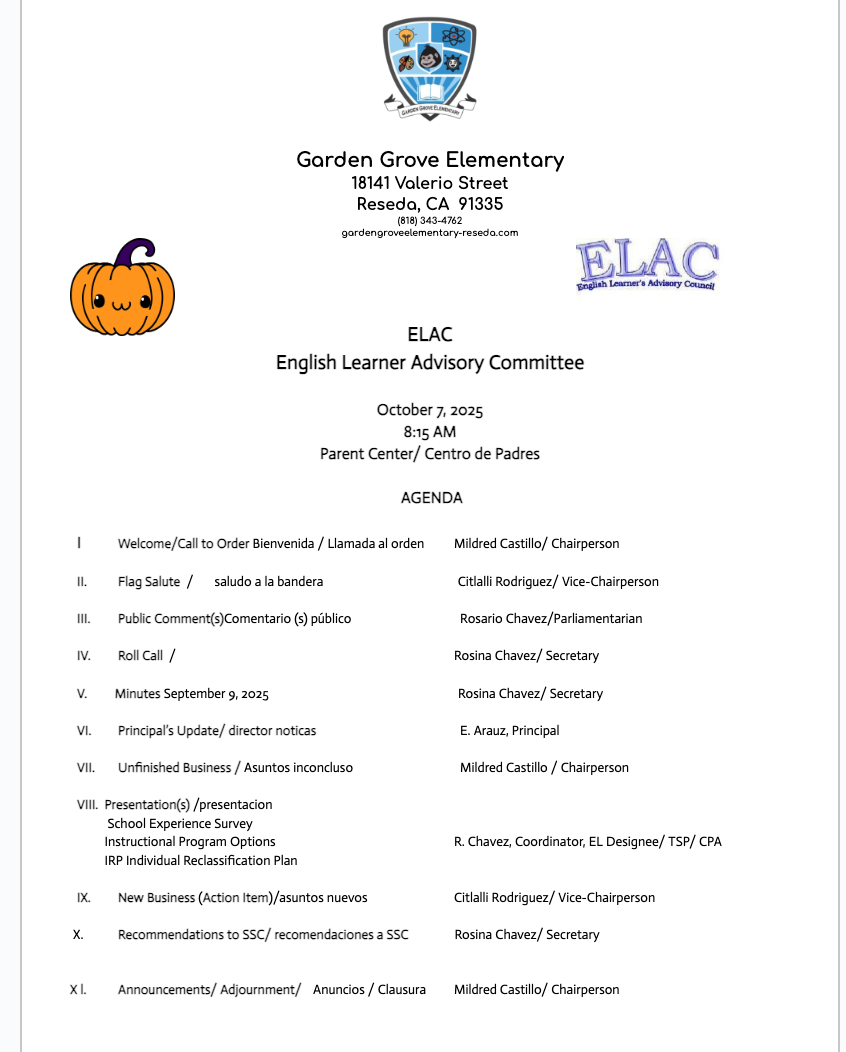 ELAC Meeting Agenda 10.7.25
