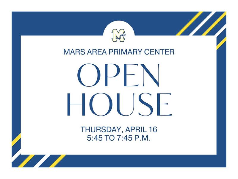 a blue background with yellow stripes and the words Open House