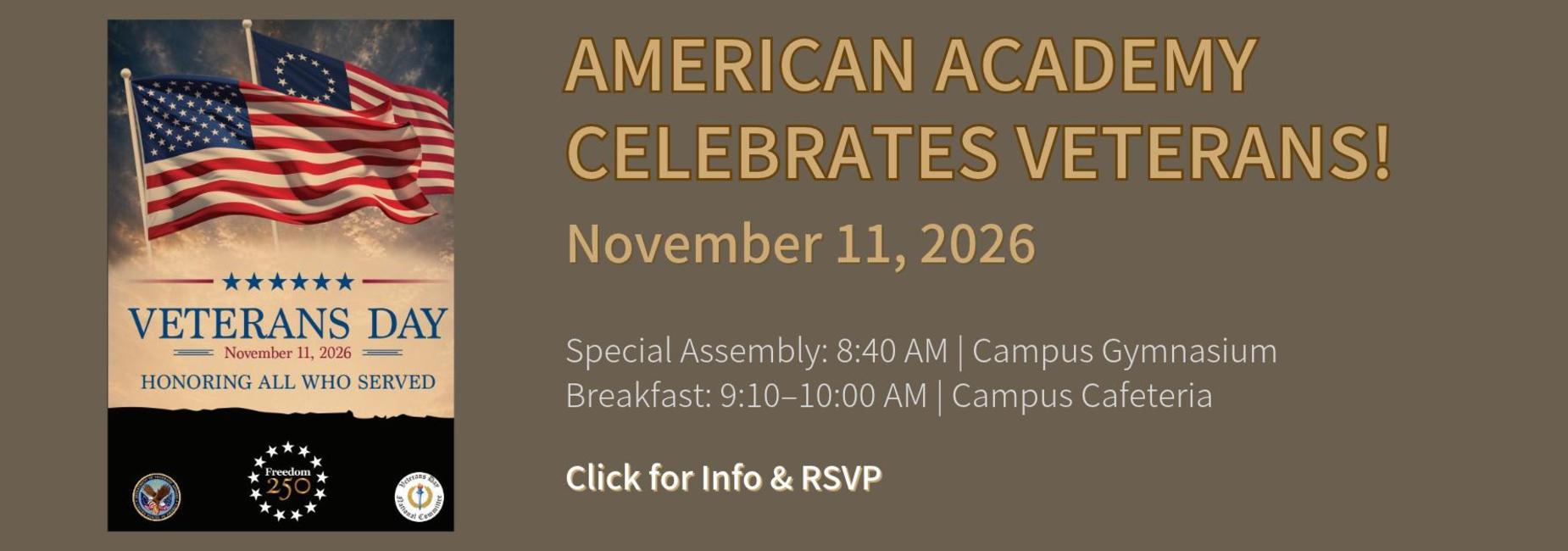 Celebrate Veterans Day with details about assembly and breakfast.