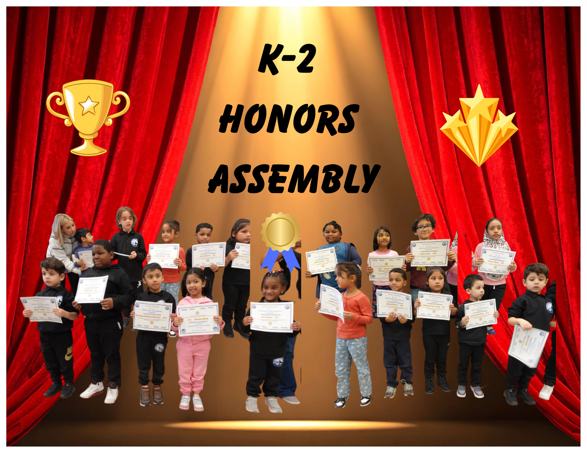 Students in K-2 showing their Honor Assembly certificates