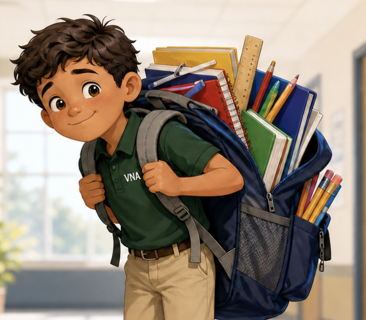 Boy carrying large book bag.