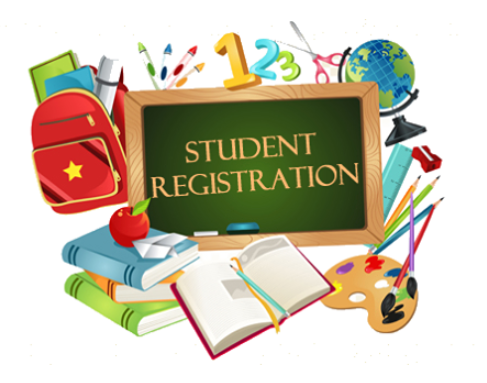 An image of a chalkboard with the word student registration is in the center.