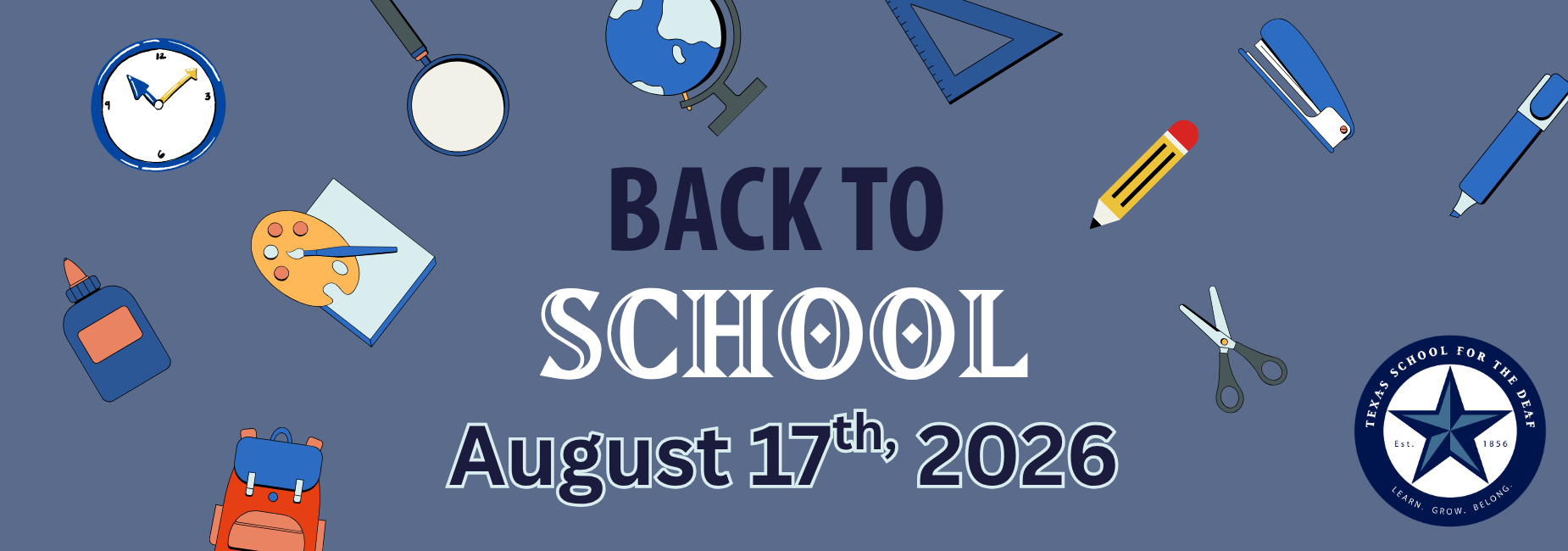 Colorful school-themed graphics with date and text 'Back to School'.
