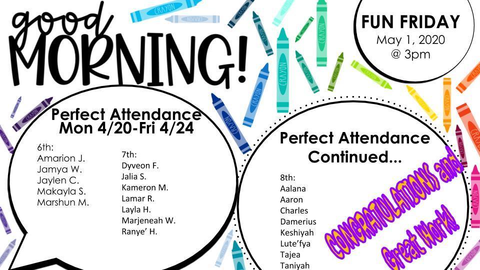 Congratulations to Week 2's Perfect Attendance for Math Class