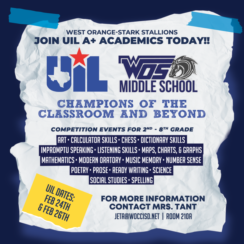 UIL Academics flyer for West Orange-Stark Middle School with event details.