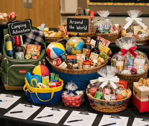 Table full of auction baskets with papers and pens in front of them