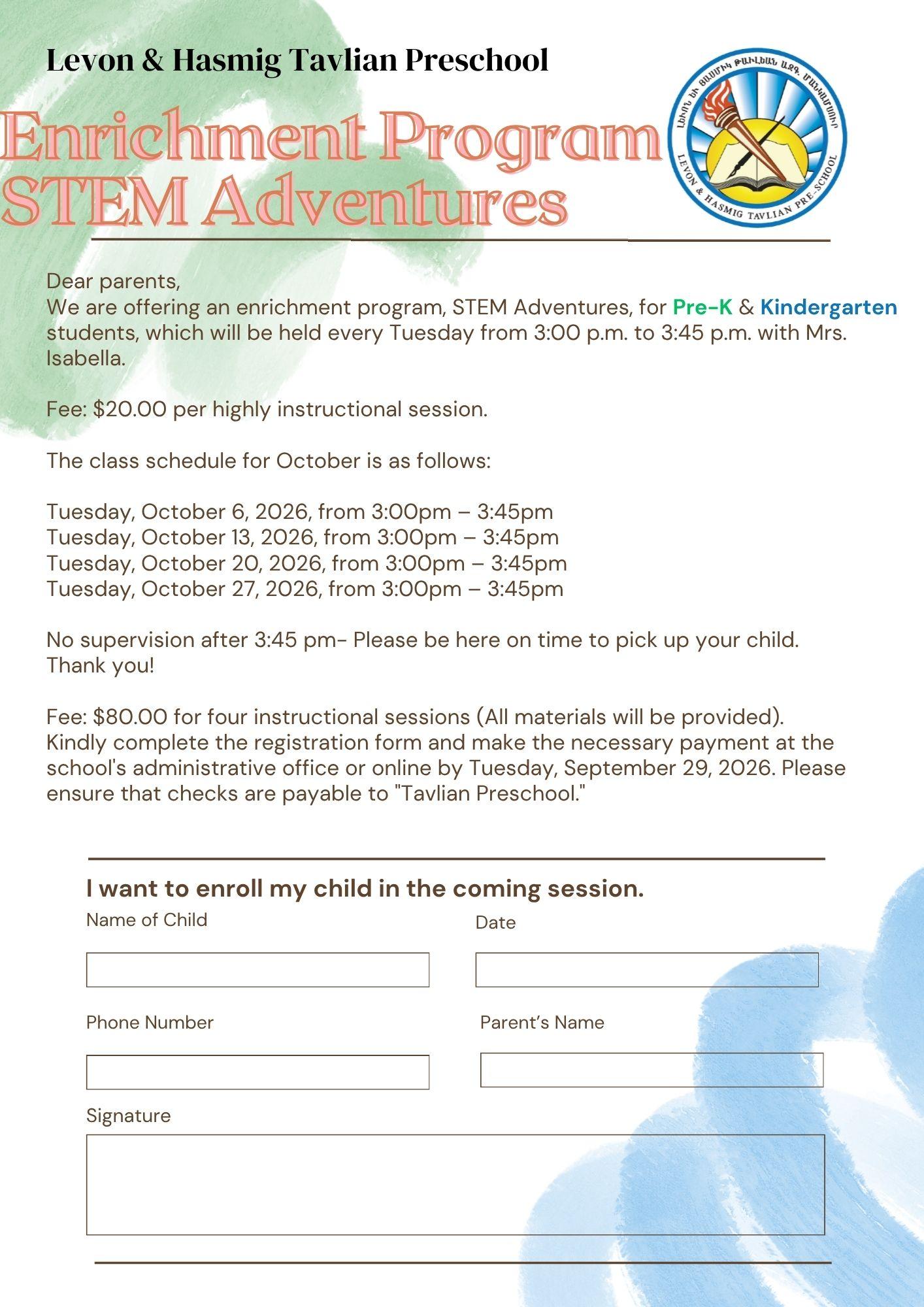 Enrichment Program STEM Adventures - PRE-K & KG