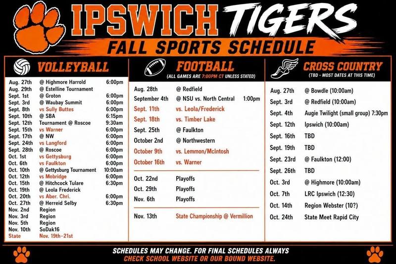 Tigers Fall Sports Schedule