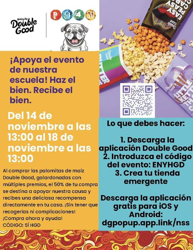 Promotional image for Double Good popcorn fundraiser, featuring text and popcorn bags - Spanish