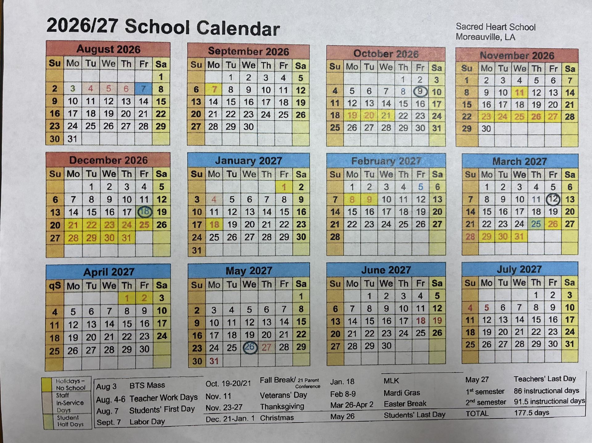 2026-2027 School Calendar