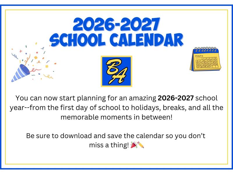 2026-2027 school calendar with celebratory graphics and text details.