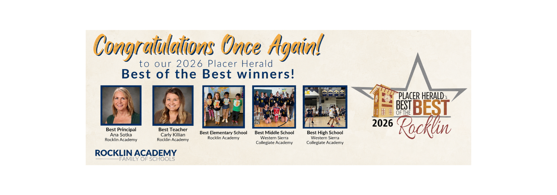 Banner announcing award winners from Rocklin Academy for 2026.