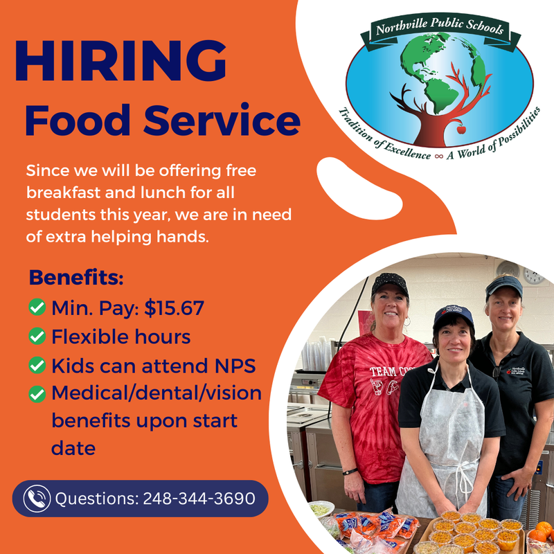 Hiring graphic with a list of food service assistant benefits and a group picture of staff