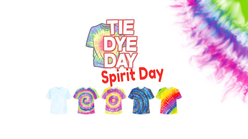 Dye ink on the corner of the image five tie dye shirts align and letters