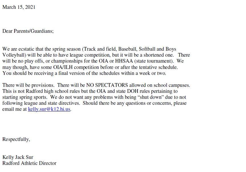 Spring Sports Parent Letter