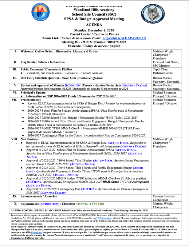 School Site Agenda - Monday, December 8, 2025 - 3:10 PM - Parent Center Featured Photo