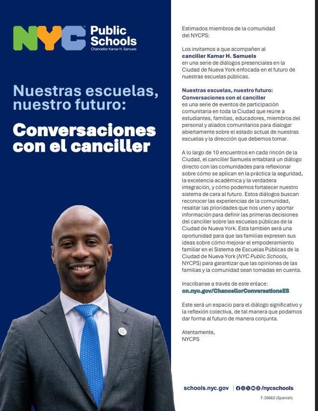 Announcement in Spanish for conversations with Chancellor Samuels.